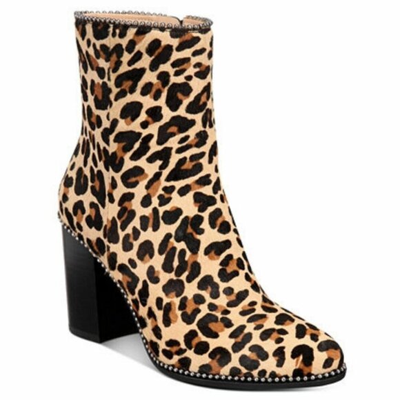 Coach Ankle Boot Womens 8.5 Leopard Brown Block Heel Leather Calf Hair Beaded - Picture 1 of 7